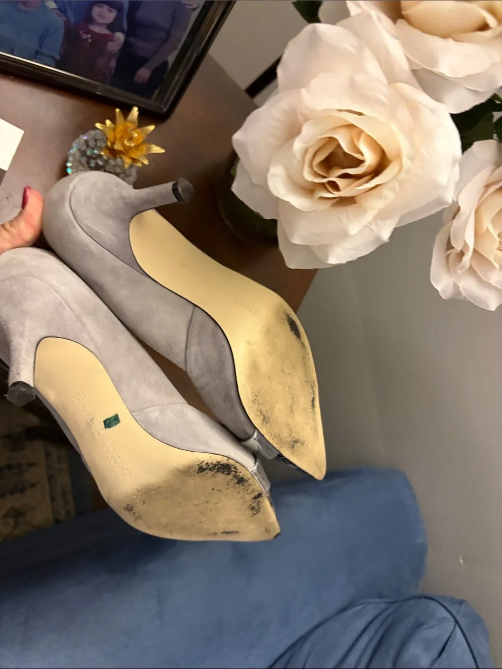 Ivanka Trump Gray Suede Pumps with Silver Strap and Snakeskin Toe Cap